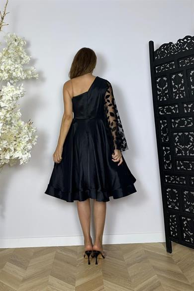 G1492 Tek Omuz Tasarım Elbise Siyah