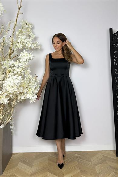 G1493 Kare Yaka Kloş Saten Elbise Siyah