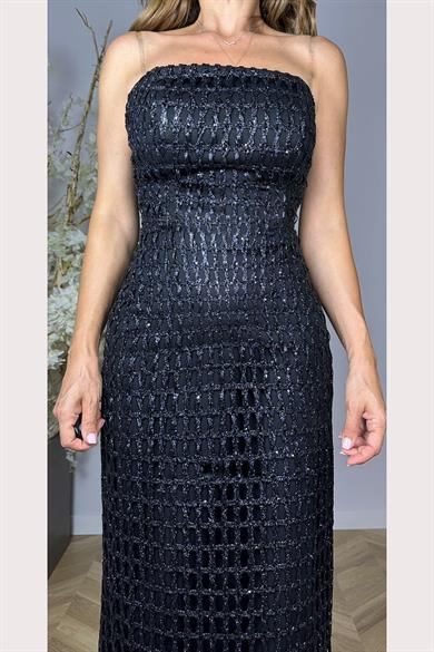 G1494 Straplez Payet Tasarım Elbise Siyah