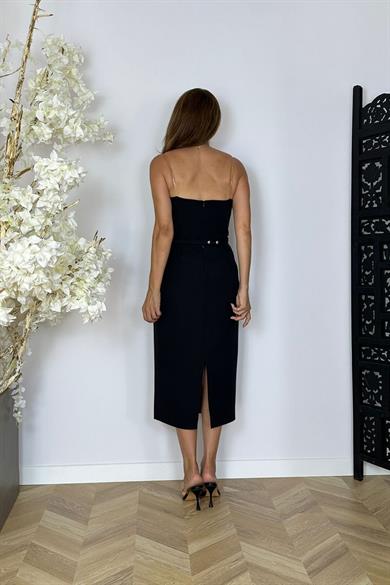 G1503 Çiçek Detaylı Tasarım Abiye Elbise Siyah