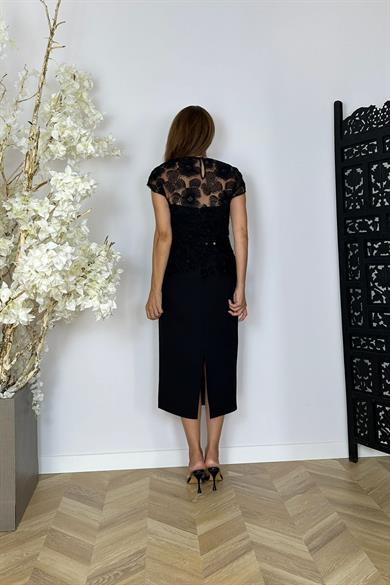 G1503 Çiçek Detaylı Tasarım Abiye Elbise Siyah