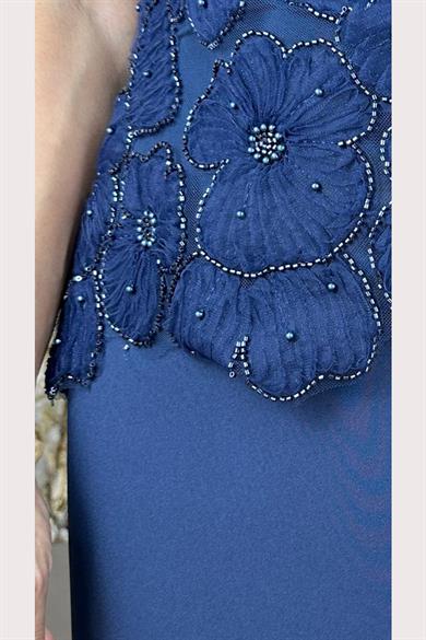 G1503 Çiçek Detaylı Tasarım Abiye Elbise Lacivert