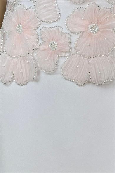 G1503 Çiçek Detaylı Tasarım Abiye Elbise Pudra