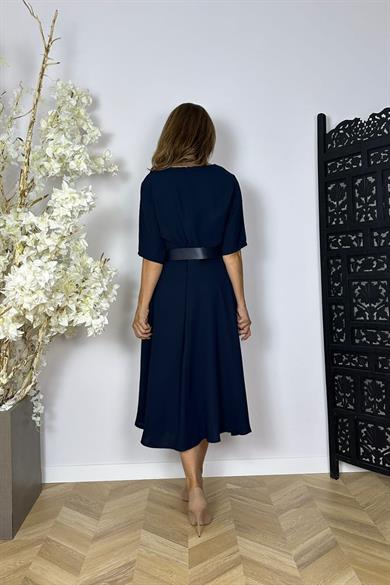 G1505 Yırtmaç Detaylı Kemerli Elbise Lacivert