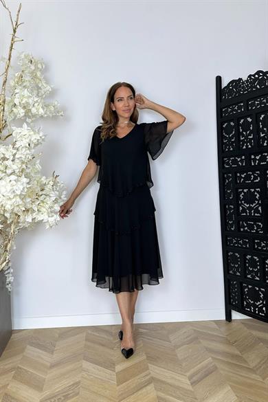 G1508 Taş Detaylı Kalı Şifon Tasarım Elbise Siyah