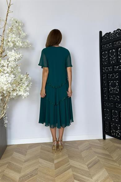 G1508 Taş Detaylı Kalı Şifon Tasarım Elbise Zümrüt