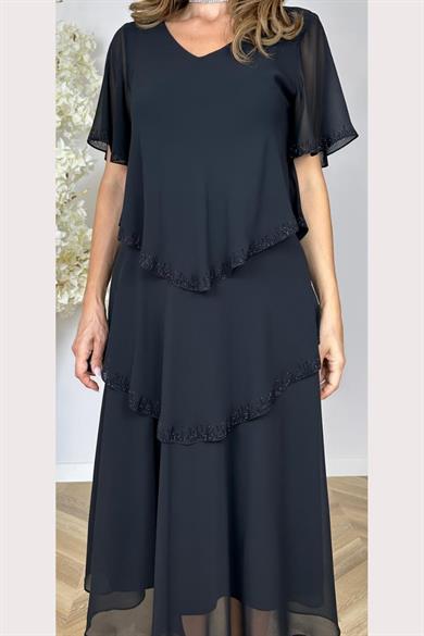 G1508 Taş Detaylı Kalı Şifon Tasarım Elbise Siyah