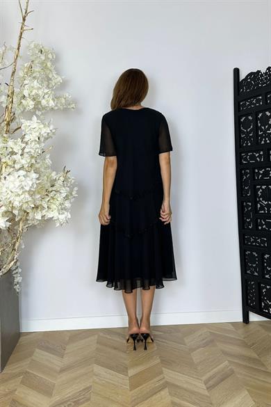 G1508 Taş Detaylı Kalı Şifon Tasarım Elbise Siyah