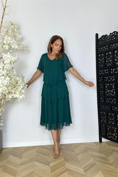 G1508 Taş Detaylı Kalı Şifon Tasarım Elbise Zümrüt