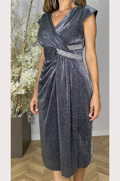 G1510 Kruvaze Yaka Taş Detaylı Simli Abiye Elbise Antrasit