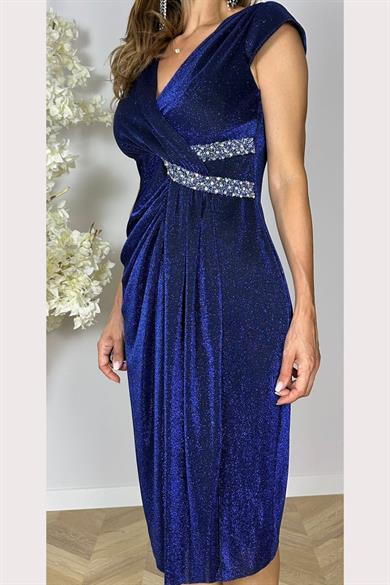 G1510 Kruvaze Yaka Taş Detaylı Simli Abiye Elbise Lacivert