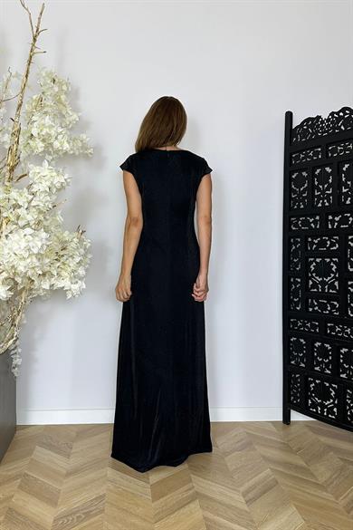 G1512 Taş Detaylı Simli Maksi Abiye Elbise Siyah Siyah