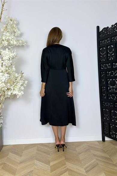 G1515 V Yaka Saten Tasarım Elbise Siyah