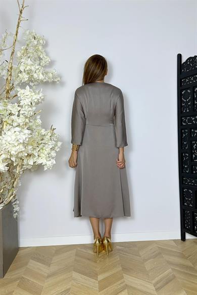 G1515 V Yaka Saten Tasarım Elbise Vizon