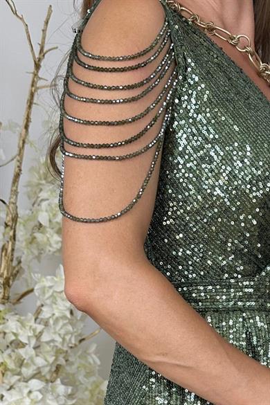 G1516 Kol Detaylı Payet Maksi Abiye Elbise Haki