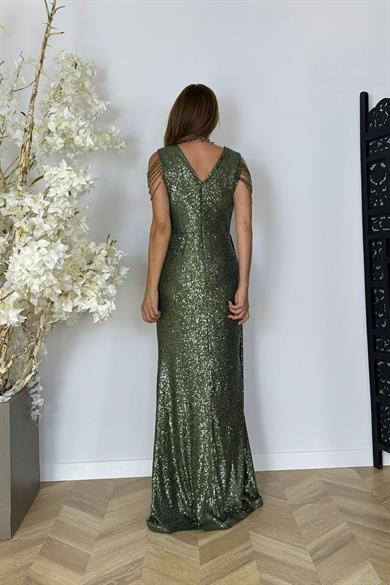 G1516 Kol Detaylı Payet Maksi Abiye Elbise Haki