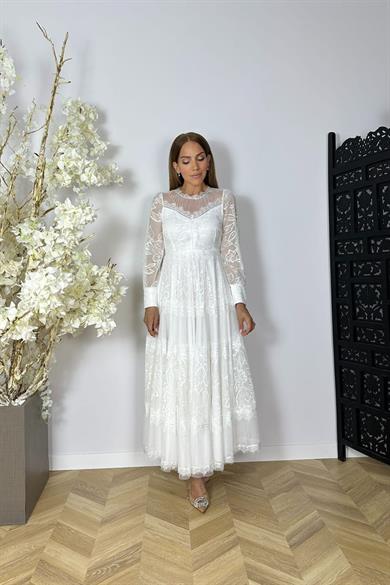 G1526 Dantel Tasarım Maksi Abiye Elbise Beyaz