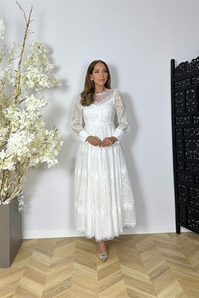 G1526 Dantel Tasarım Maksi Abiye Elbise Beyaz