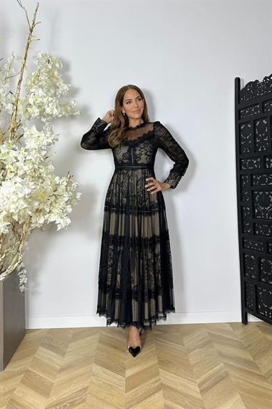 G1526 Dantel Tasarım Maksi Abiye Elbise Siyah