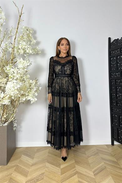G1526 Dantel Tasarım Maksi Abiye Elbise Siyah