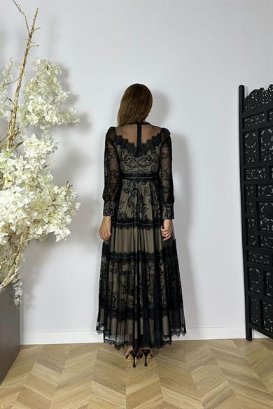 G1526 Dantel Tasarım Maksi Abiye Elbise Siyah