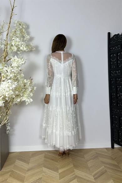 G1526 Dantel Tasarım Maksi Abiye Elbise Beyaz