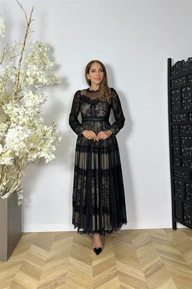 G1526 Dantel Tasarım Maksi Abiye Elbise Siyah