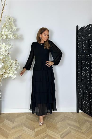 G1535 Eteği Katlı Kol Detaylı Şifon Elbise Siyah