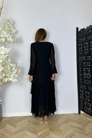 G1535 Eteği Katlı Kol Detaylı Şifon Elbise Siyah
