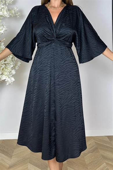 G1537 Düğüm Detay Desenli Saten Elbise Siyah