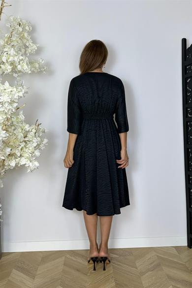 G1537 Düğüm Detay Desenli Saten Elbise Siyah