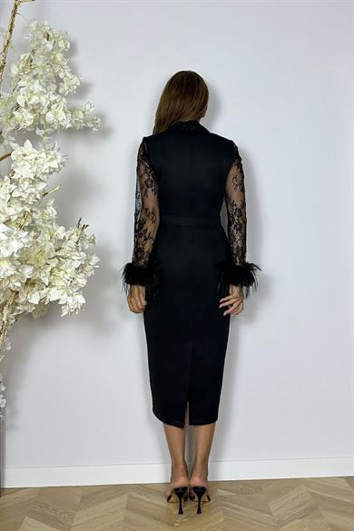 G1539 Otriş ve Dantel Detaylı Tasarım Elbise Siyah