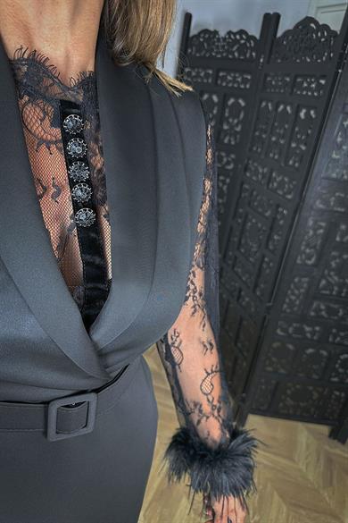 G1539 Otriş ve Dantel Detaylı Tasarım Elbise Siyah