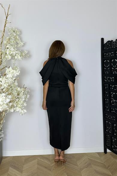 G1540 Yaka Detaylı Tasarım Elbise Siyah