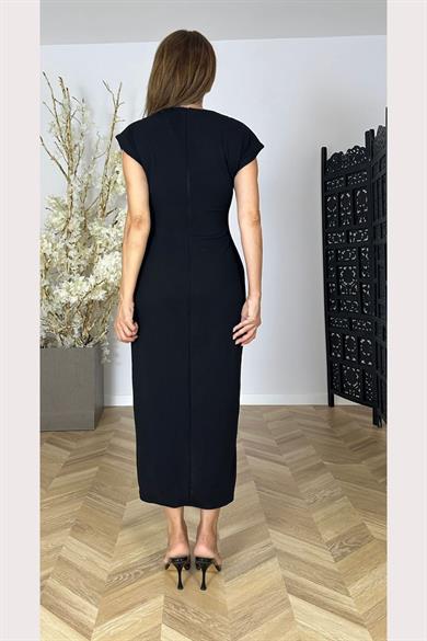 G1541 Düğme Detaylı Elbise Siyah