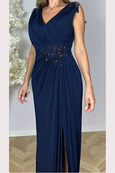 G1542 Dantel Detay Boncuk İşlemeli Abiye Elbise Lacivert