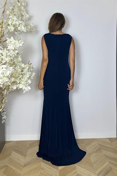 G1542 Dantel Detay Boncuk İşlemeli Abiye Elbise Lacivert