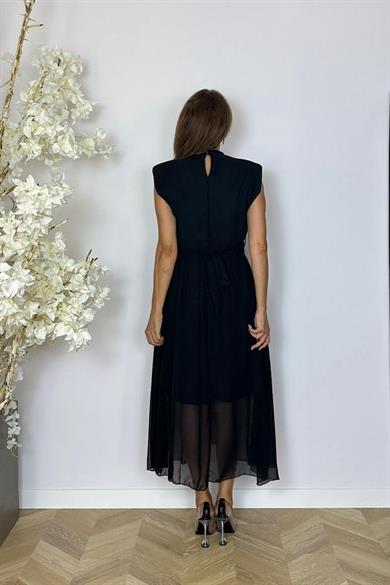 G1544 Kuşak Detaylı Şifon Elbise Siyah