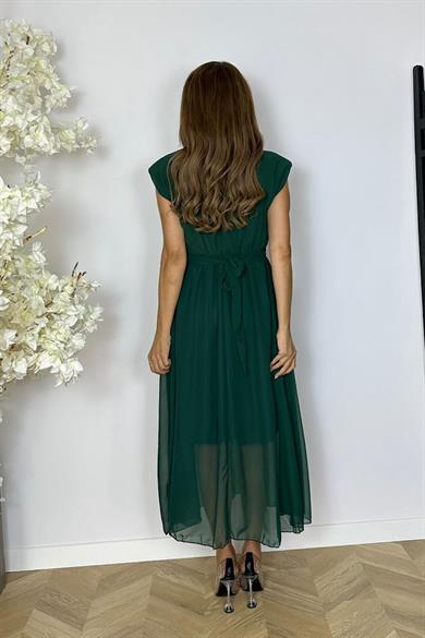 G1544 Kuşak Detaylı Şifon Elbise Zümrüt