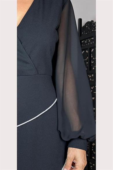 G1546 Kruvaze Yaka Taş Detaylı Elbise Siyah