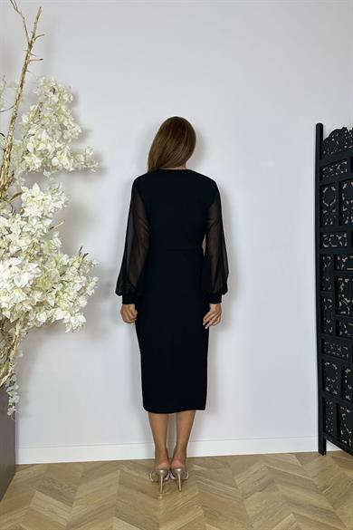 G1546 Kruvaze Yaka Taş Detaylı Elbise Siyah