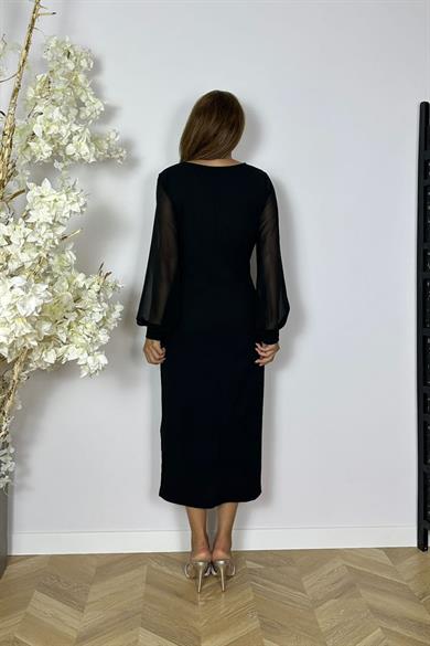 G1547 Taş Detaylı Şifon Kol Elbise Siyah