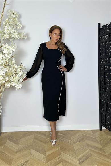 G1547 Taş Detaylı Şifon Kol Elbise Siyah