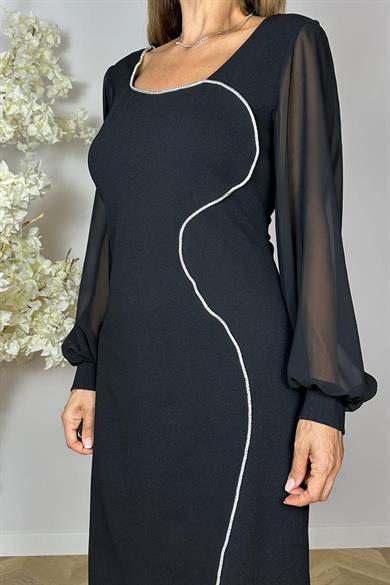 G1547 Taş Detaylı Şifon Kol Elbise Siyah