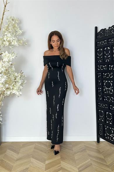 G1549 Madonna Yaka Taş ve İnci Detaylı Abiye Elbise Siyah