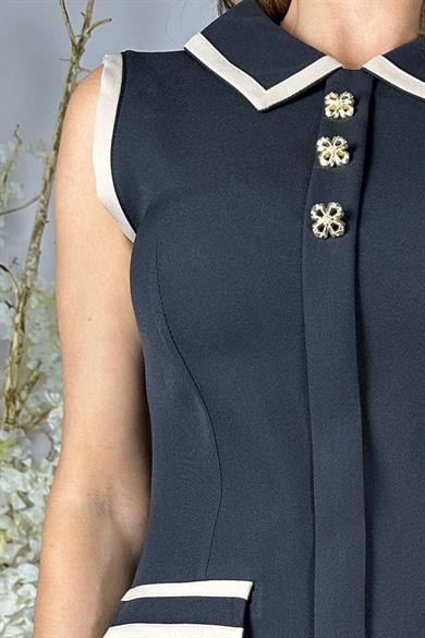 G1553 Düğme Detaylı Kolsuz Elbise Siyah