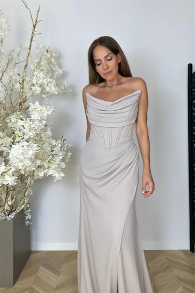 G1555 Taş ve Drape Detaylı Tasarım Abiye Elbise Bej