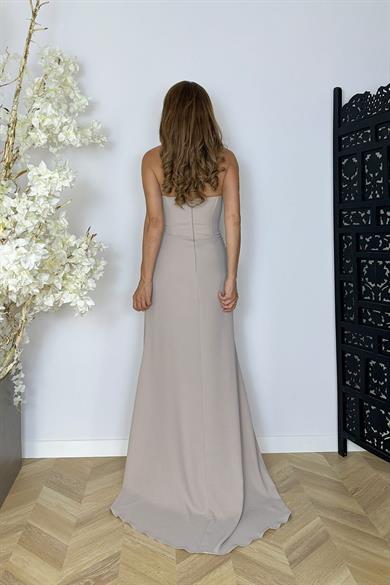 G1555 Taş ve Drape Detaylı Tasarım Abiye Elbise Bej