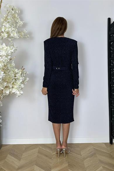 G1556 Kruvaze Yaka Taş Detaylı Abiye Elbise Lacivert