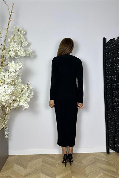 G1563 Kruvaze Yaka Drape Detaylı Elbise Siyah